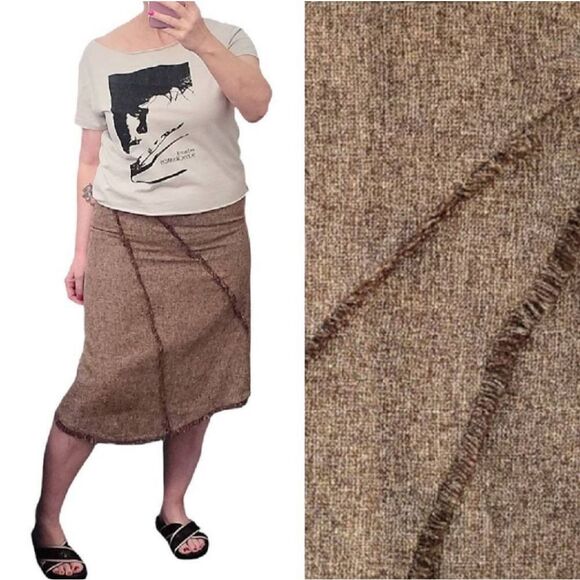 VTG Brown Boho Tweed Fringe Trim High Rise Midi Skirt Size 6 - Picture 1 of 14